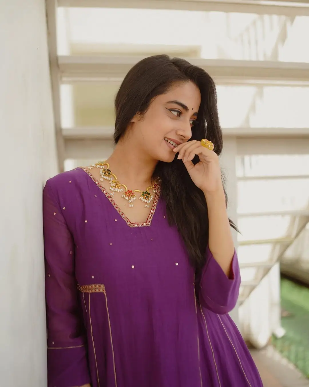 Namitha Pramod Wearing Beautiful Earring Jewellery Violet Dress